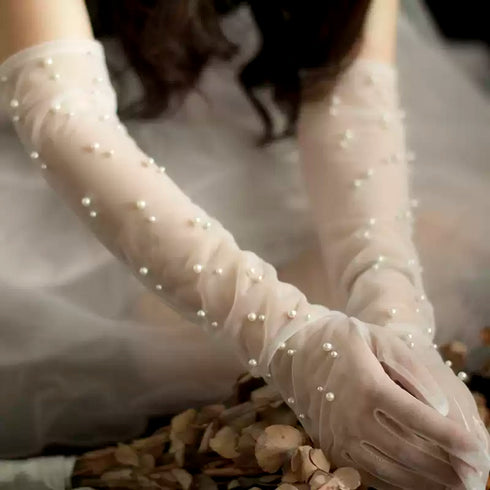 Bridal White Lace Gloves – Long Wedding Gloves with Pearl Accents – White Lace Gloves